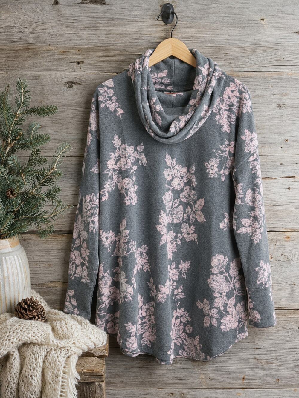 MIA Floral Cowl Neck Tunic Sweater Top Gray Pink Medium